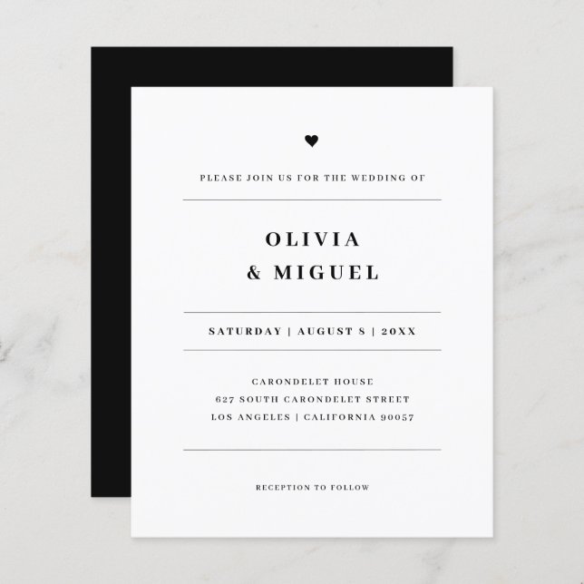 Lámina Invitación simple y moderna de Boda blanco y negro (Anverso / Reverso)