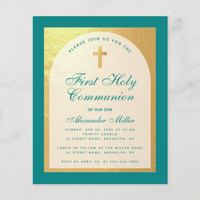 Lámina Invitación Verde azulada de Faux Gold de la primer (Anverso)
