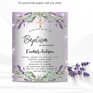 Lámina Invitación violenta de plata de lavanda de bautism
