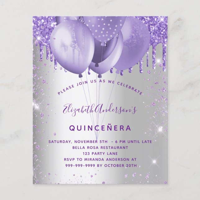 Lámina Invitación violeta plateada Quinceanera (Anverso)