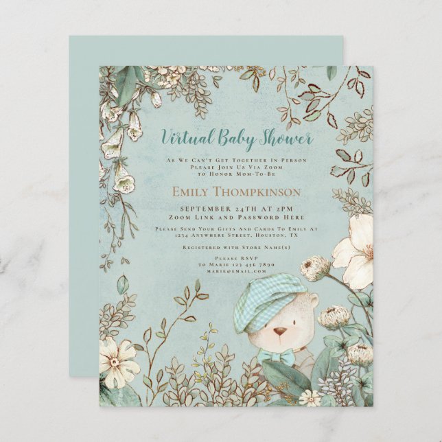 Lámina Invitación virtual de Baby Shower de Budget Bear B (Anverso / Reverso)