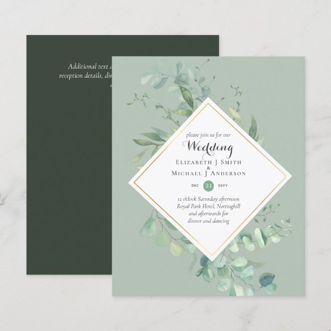 Lámina Invitaciones a bodas de presupuesto Greenery Eucal (Anverso / Reverso)