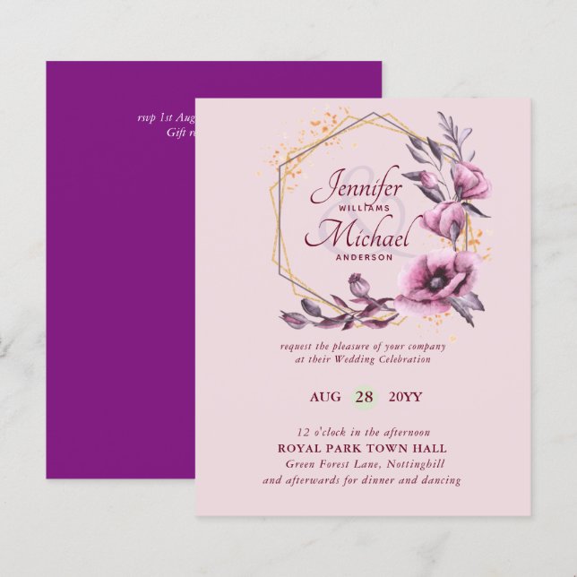 Lámina Invitaciones a Bodas Florales de Oro Púrpura (Anverso / Reverso)
