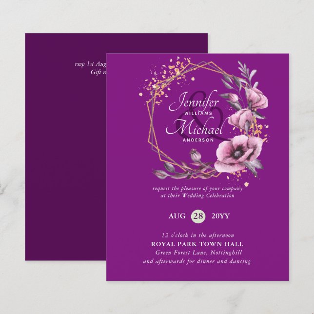Lámina Invitaciones a Bodas Florales de Oro Púrpura (Anverso / Reverso)