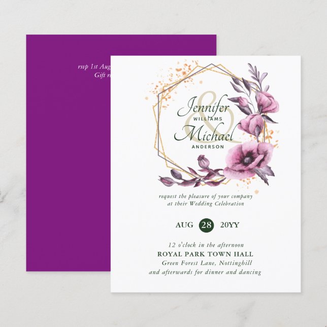 Lámina Invitaciones a Bodas Florales de Oro Púrpura (Anverso / Reverso)