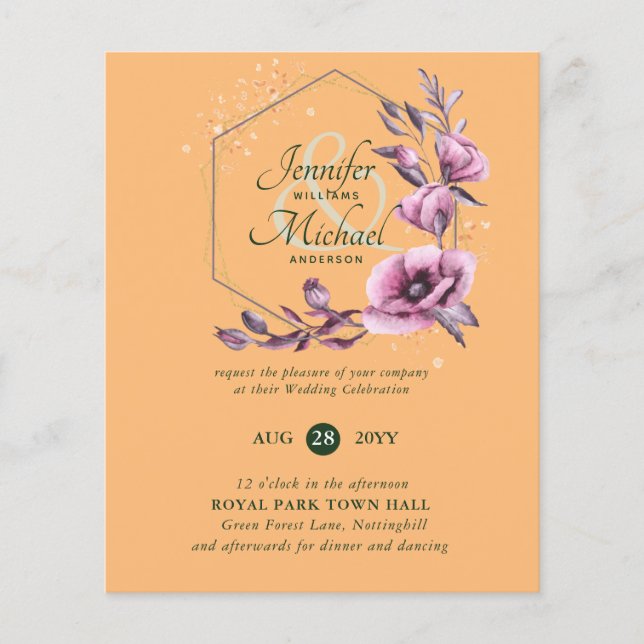 Lámina Invitaciones a Bodas Florales de Oro Púrpura (Anverso)