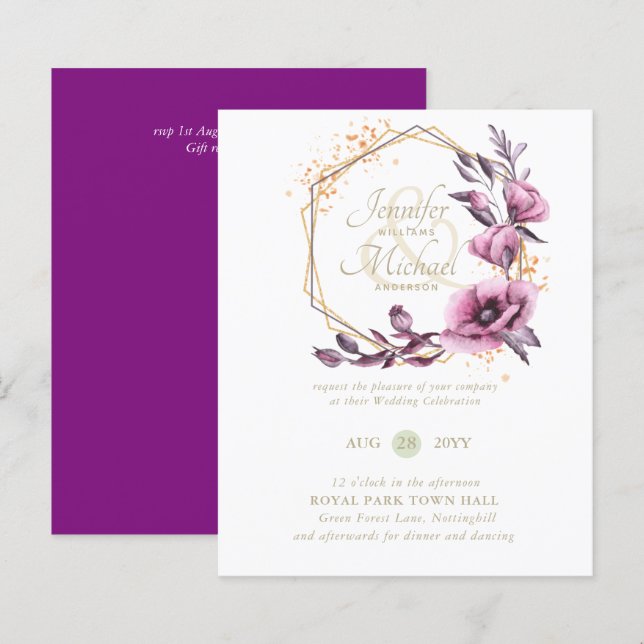 Lámina Invitaciones a Bodas Florales de Oro Púrpura (Anverso / Reverso)