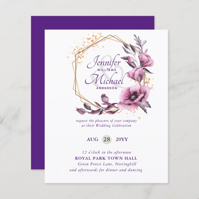 Lámina Invitaciones a Bodas Florales de Oro Púrpura (Anverso / Reverso)