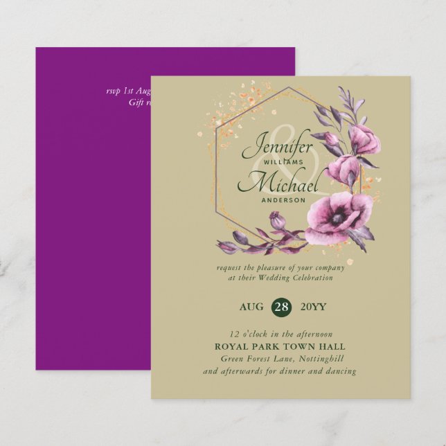 Lámina Invitaciones a Bodas Florales de Oro Púrpura (Anverso / Reverso)