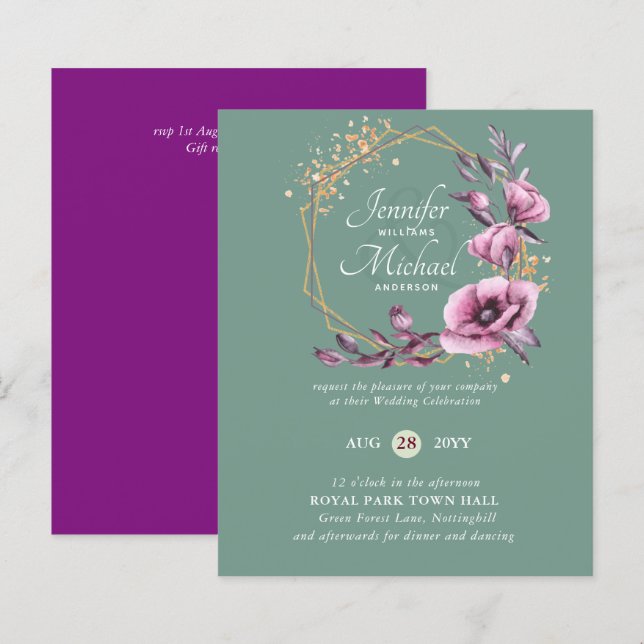 Lámina Invitaciones a Bodas Florales de Oro Púrpura (Anverso / Reverso)