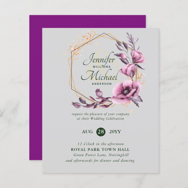 Lámina Invitaciones a Bodas Florales de Oro Púrpura (Anverso / Reverso)