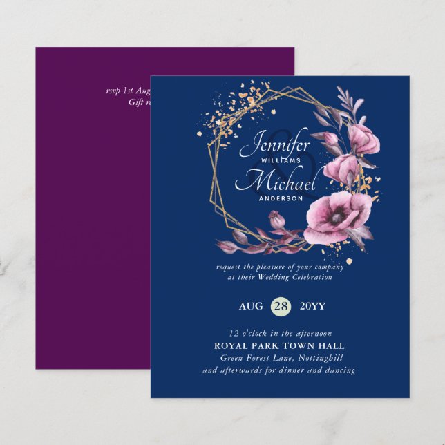 Lámina Invitaciones a Bodas Florales de Oro Púrpura (Anverso / Reverso)