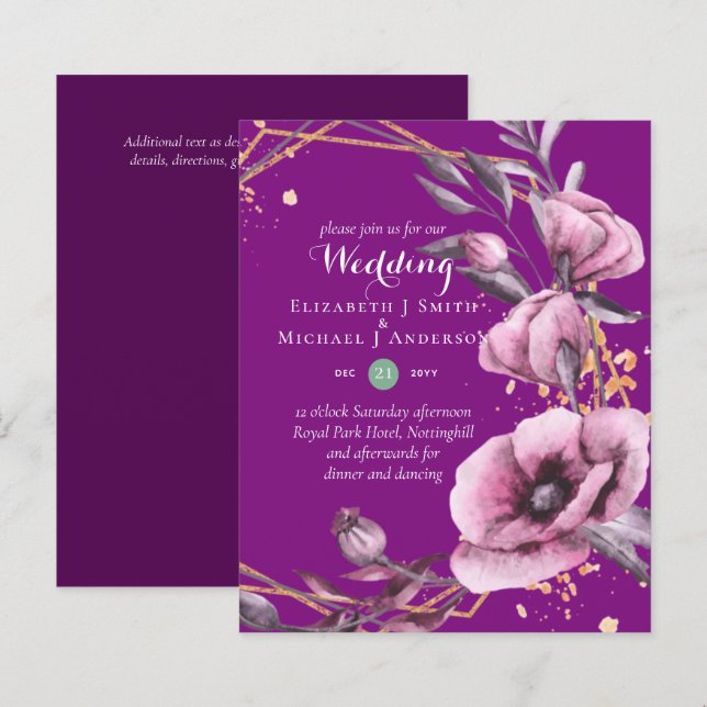 Lámina Invitaciones a Bodas Florales de Oro Púrpura (Anverso / Reverso)
