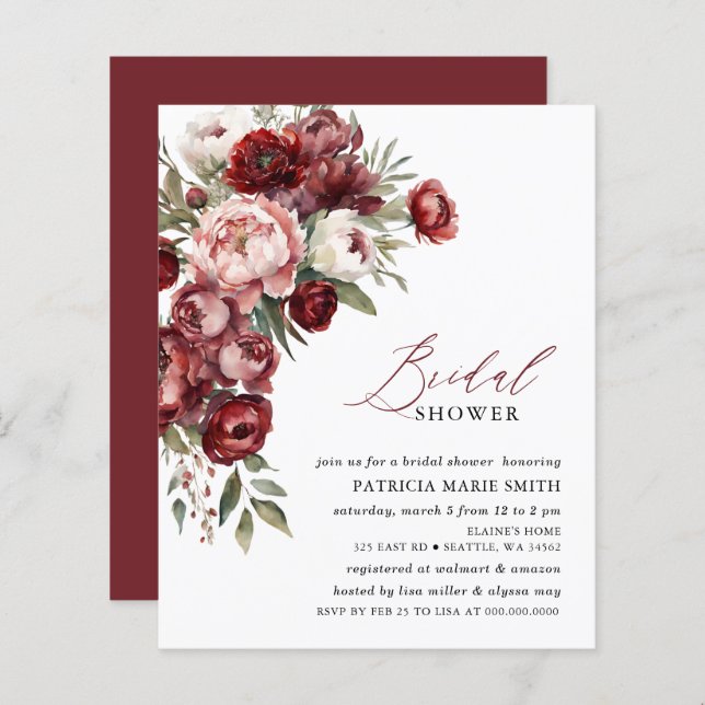 Lámina Invitaciones a ducha de novia floral borgoñona (Anverso / Reverso)