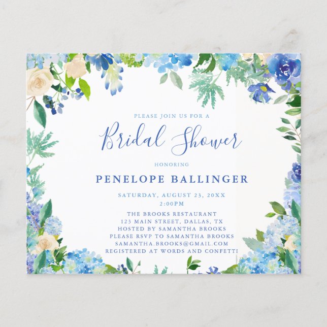 Lámina Invitaciones a ducha de novias con flores azules y (Anverso)