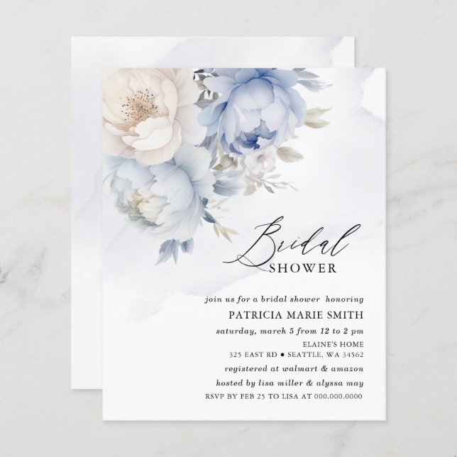 Lámina Invitaciones a ducha de novias con flores azules y (Anverso / Reverso)