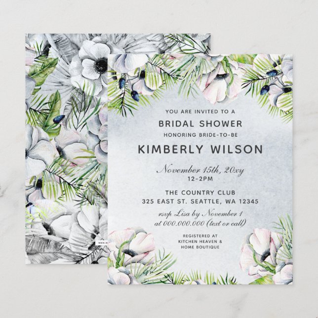 Lámina Invitaciones a ducha de novias con flores azules y (Anverso / Reverso)