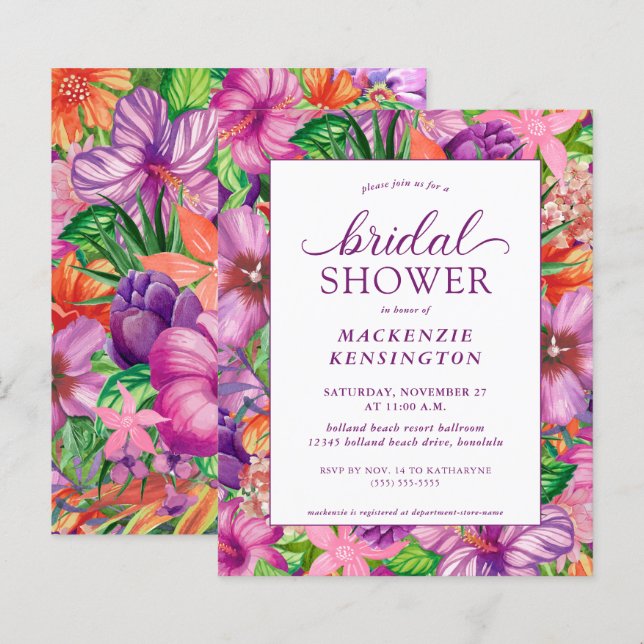 Lámina Invitaciones a duchas de novias tropicales florale (Anverso / Reverso)