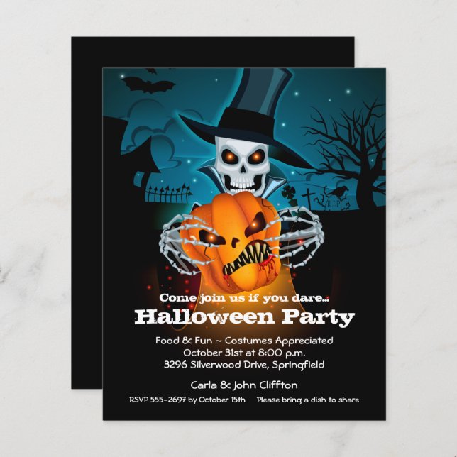 Lámina Invitaciones a Halloween con esqueleto y calabaza  (Anverso / Reverso)