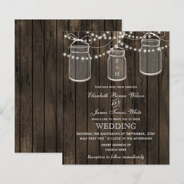 Lámina Invitaciones a la boda de Barnwood Mason Jars (Anverso / Reverso)
