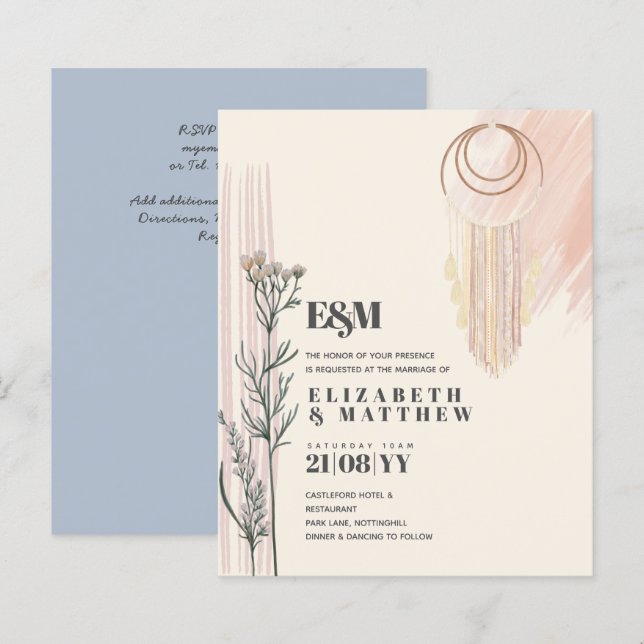 Lámina Invitaciones a la boda de Dusty Blue Boho (Anverso / Reverso)