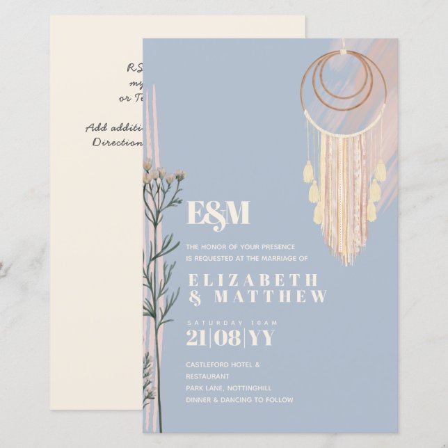 Lámina Invitaciones a la boda de Dusty Blue Boho (Anverso / Reverso)