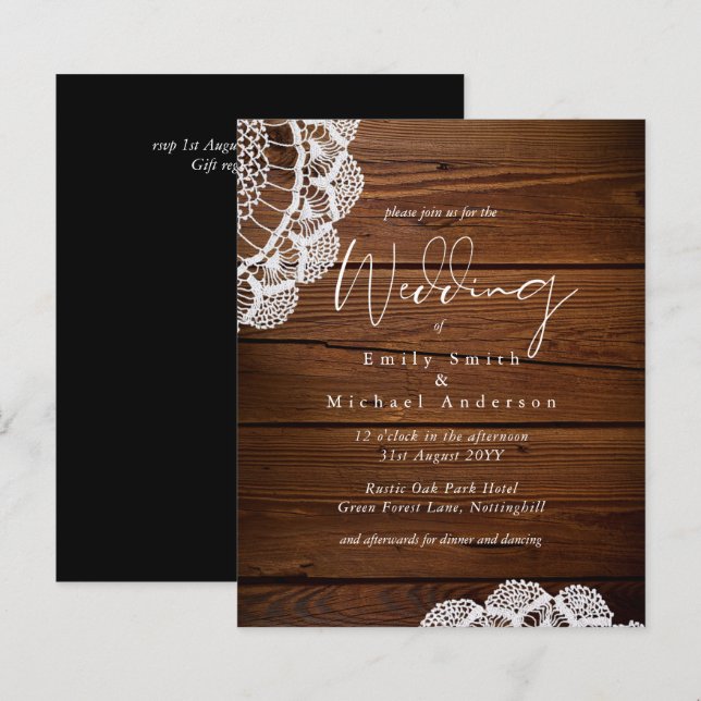 Lámina Invitaciones a la boda de encaje de madera rústica (Anverso / Reverso)