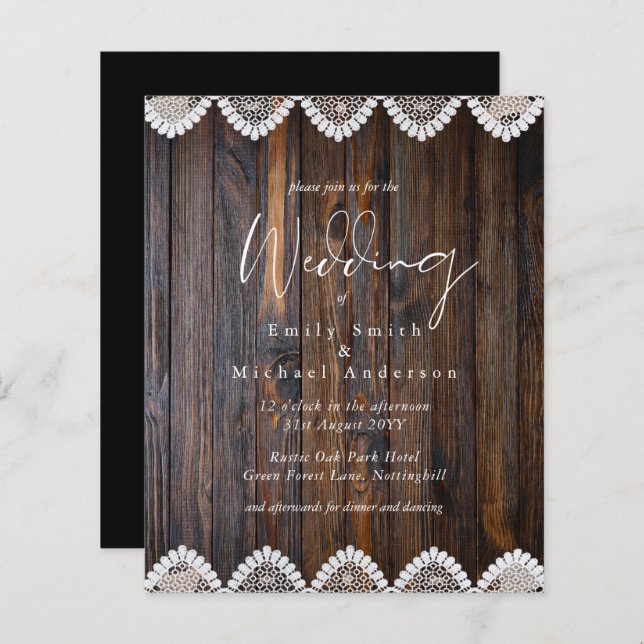 Lámina Invitaciones a la boda de encaje de madera rústica (Anverso / Reverso)
