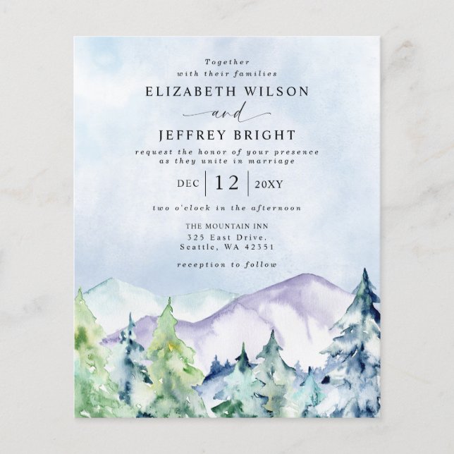 Lámina Invitaciones a la boda de pinos en Montañas Presup (Anverso)