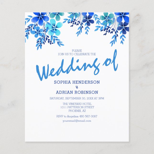 Lámina Invitaciones a la boda floral con presupuesto azul (Anverso)