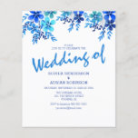 Lámina Invitaciones a la boda floral con presupuesto azul<br><div class="desc">Invite a sus invitados a celebrar su día de bodas,  con estas elegantes invitaciones florales azules de boda. Con un fondo blanco clásico,  un surtido de flores rosadas y una elegante plantilla de boda que es fácil de personalizar.</div>