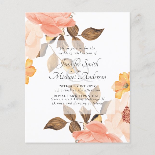 Lámina Invitaciones a la Boda Floral Coral Peach Gold Bro (Anverso)