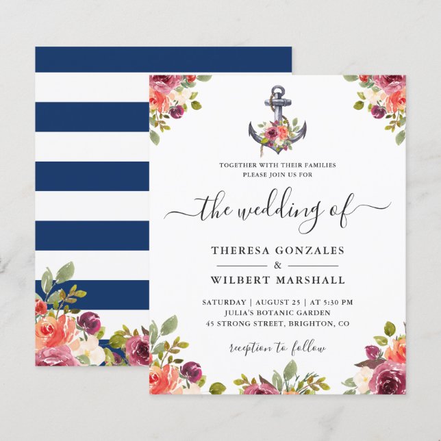 Lámina Invitaciones a la boda floral de Ancla Náutica Pre (Anverso / Reverso)