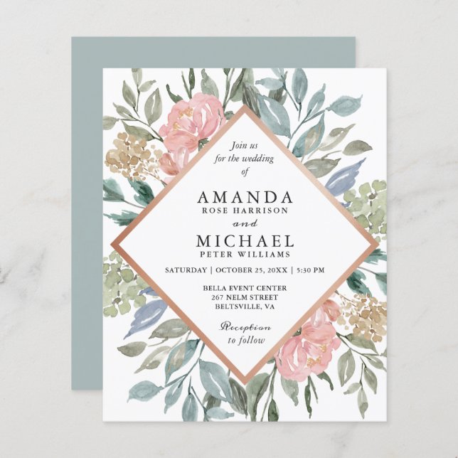 Lámina Invitaciones a la boda floral rosa-azul turquesa (Anverso / Reverso)