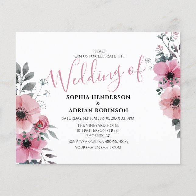 Lámina Invitaciones a la boda floral rosada de presupuest (Anverso)