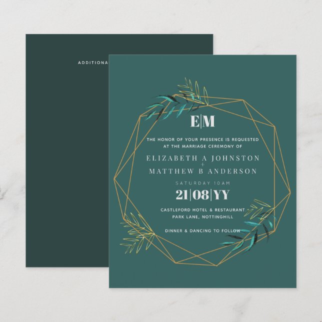 Lámina Invitaciones a la Boda Geométrica de Oro de Verdor (Anverso / Reverso)