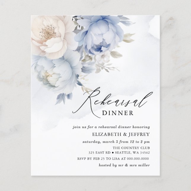 Lámina Invitaciones a la cena de ensayo floral azul de pr (Anverso)