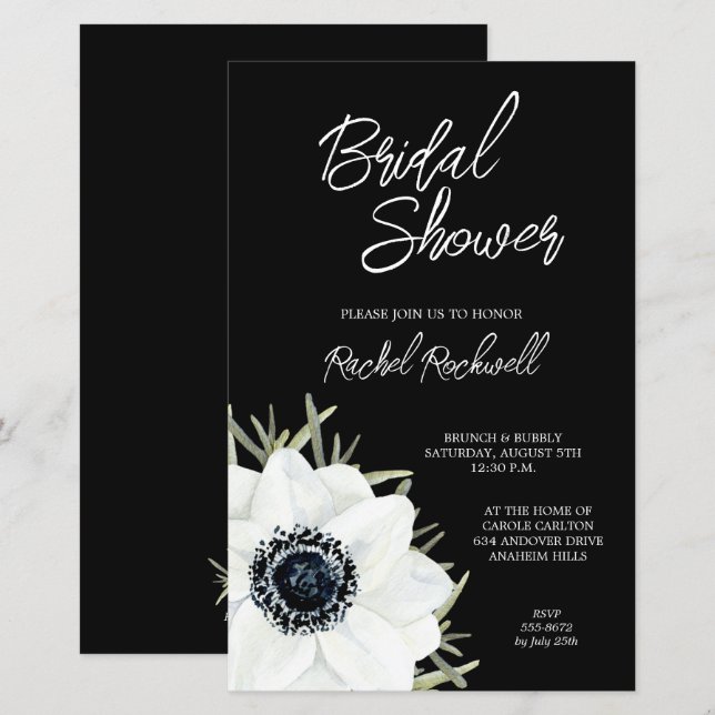 Lámina Invitaciones a la ducha de novia con flores blanca (Anverso / Reverso)