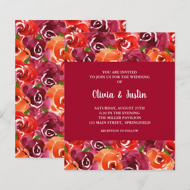 Lámina Invitaciones a matrimonio de color floral acuarela (Anverso / Reverso)