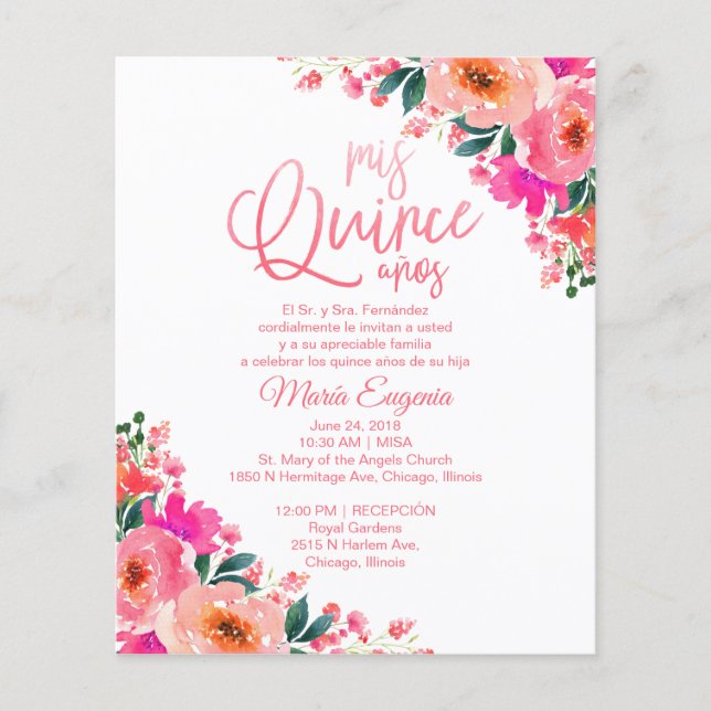 Lámina Invitaciones a Quinceanera Presupuestaria Floral E (Anverso)