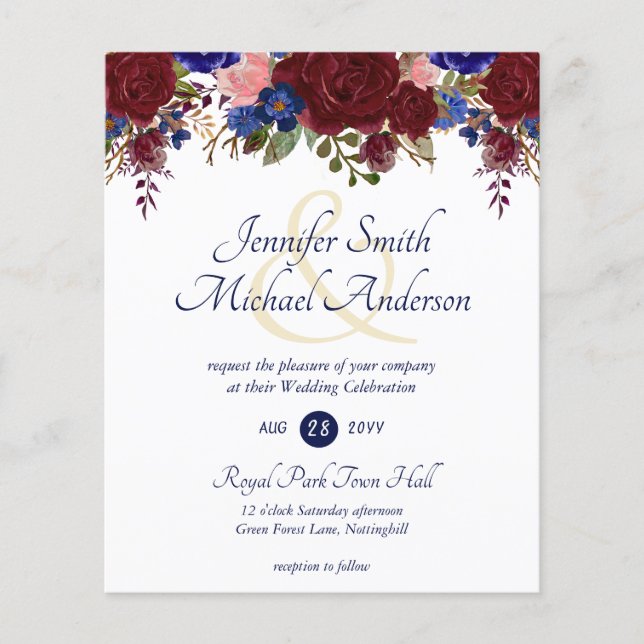 Lámina Invitaciones a una boda rosa azul borgoña (Anverso)