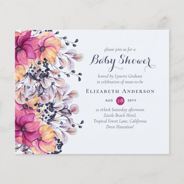 Lámina Invitaciones de Baby Shower con tema floral Fuchsi (Anverso)