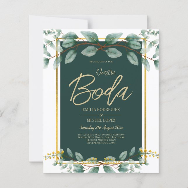 Lámina Invitaciones de Boda Bilingües Verde Esmeralda (Anverso)