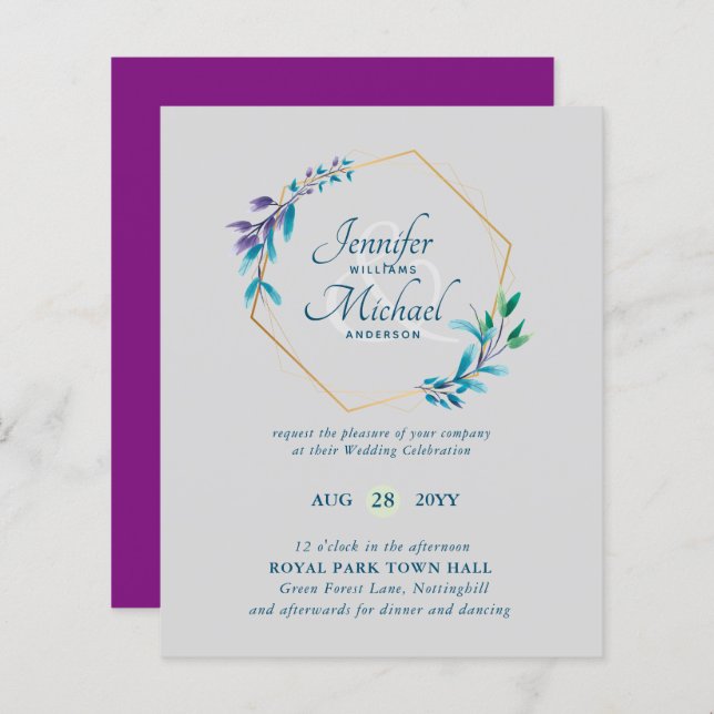 Lámina Invitaciones de boda con corona de Teal Púrpura Do (Anverso / Reverso)