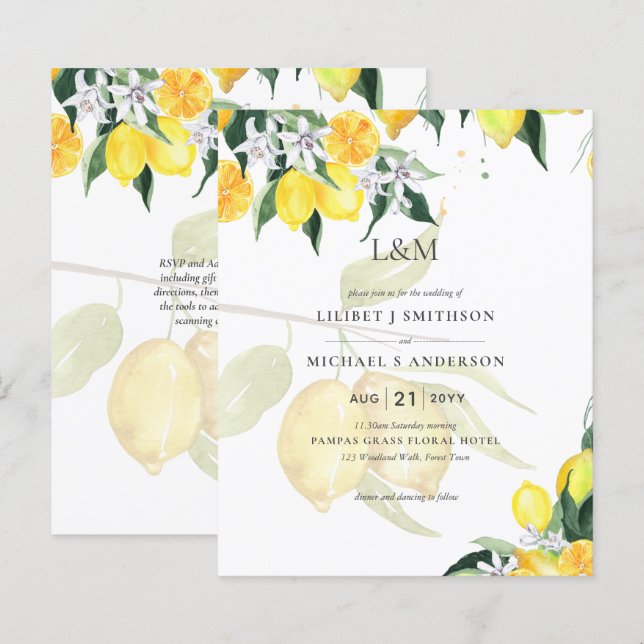 Lámina Invitaciones de boda de limones amarillos cítricos (Anverso / Reverso)
