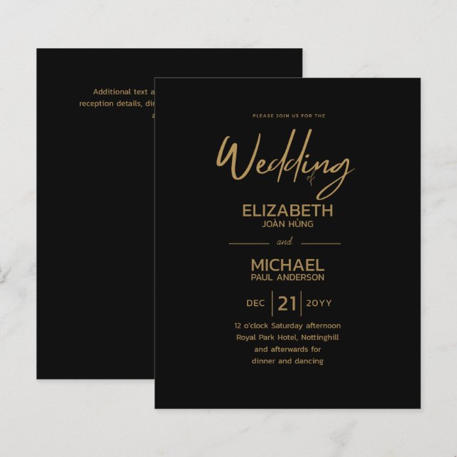 Lámina Invitaciones de boda económicas de oro negro clási (Anverso / Reverso)