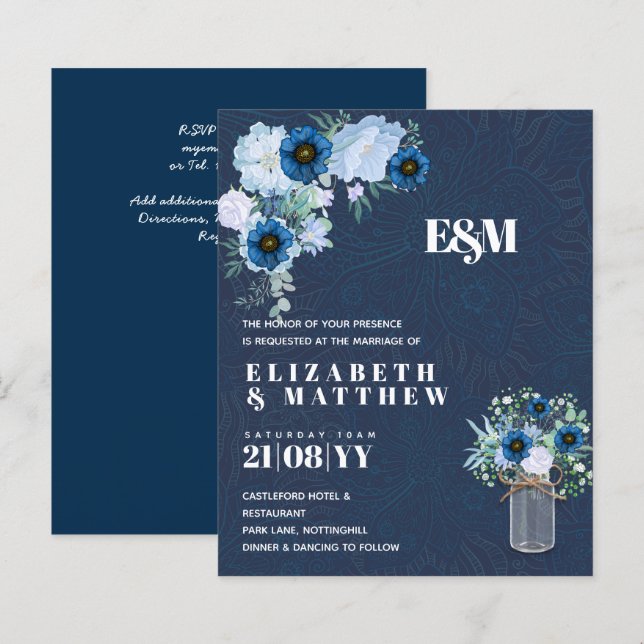 LÁMINA INVITACIONES DE BODA FLORALES AZUL POLVO PRESUPUES (Anverso / Reverso)