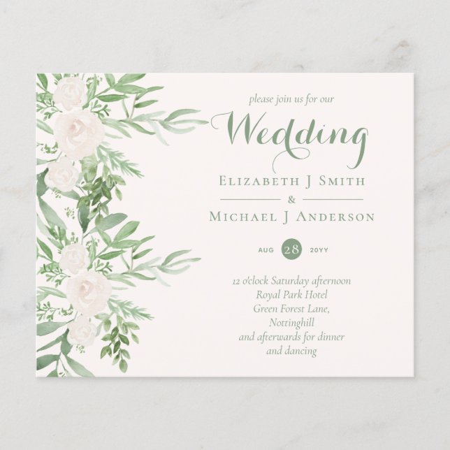 Lámina Invitaciones de Boda Florales Verde Salvia Magnoli (Anverso)