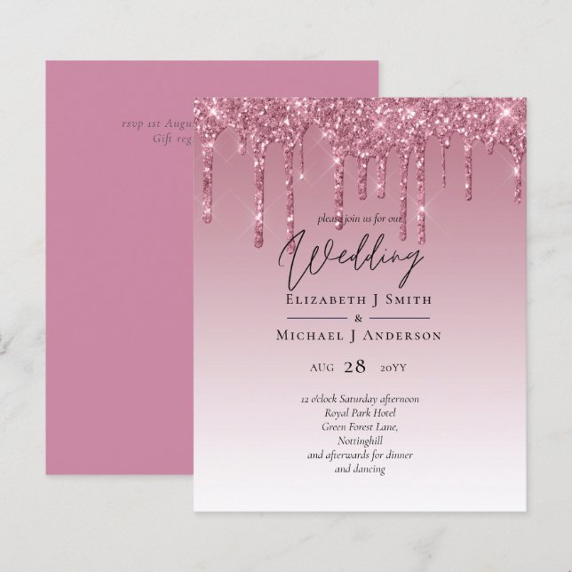 Lámina Invitaciones de boda Purpurina rosa para el presup (Anverso / Reverso)