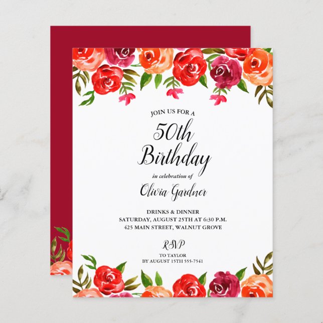 Lámina Invitaciones de cumpleaños con flores rojas presup (Anverso / Reverso)